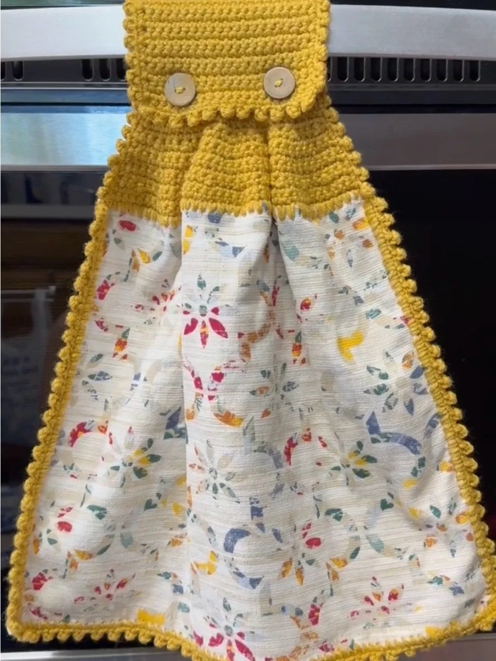 Handmade Crochet Hanging Kitchen Towel Mustard Gold Floral